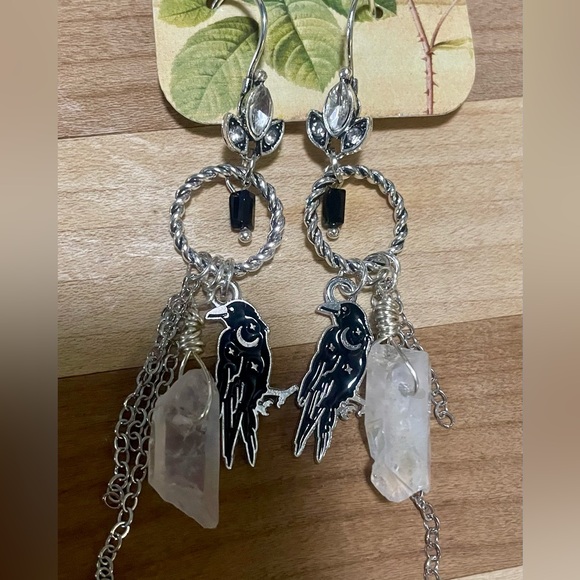 Hand Crafted Jewelry - Silver and Black Raven Dangle Earrings